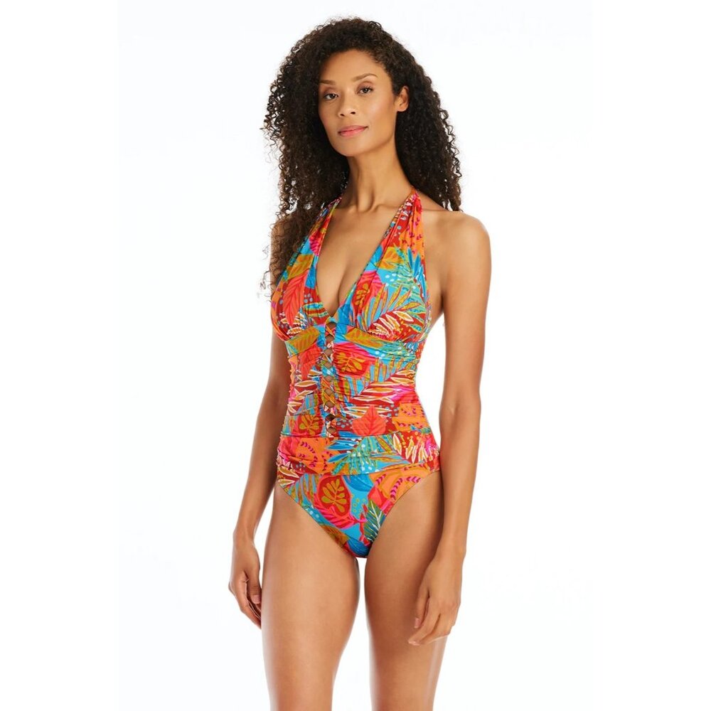 🆕 Bleu Rod Beattie The Heat Is On Halter One Piece Swimsuit Tropical Print 6 - Picture 2 of 5